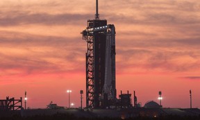 (FILES) This file handout image courtesy of NASA shows a SpaceX Falcon 9 rocket with the company's Crew Dragon spacecraft onboard at sunset on the launch pad at Launch Complex 39A as preparations continue for the Crew-2 mission, April 21, 2021, at NASA's Kennedy Space Center in Florida. - A crewed SpaceX mission to the International Space Station has been postponed by a day due to weather concerns downrange of the launch site, NASA said on August 3, 2021. Liftoff had been scheduled for August 5,2021 but because of unfavorable conditions along the Atlantic coast, it will now be set for 5:49 am (0949 GMT) on August 6, 2021.