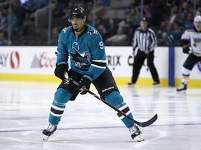 Evander Kane of the San Jose Sharks in action during their game against the St. Louis Blues at SAP Center on March 8, 2018, in San Jose, Calif.