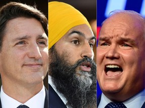 From left to right: Prime Minister Justin Trudeau, NDP Leader Jagmeet Singh and Conservative Leader Erin OToole.
