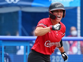 Jennifer Salling of Canada celebrates in the Bronze Medal Game between Canada and Mexico on July 26, 2021 at the Tokyo 2020 Olympics. Canada won 3-2.