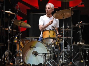 (FILES) In this file photo taken on February 16, 2016 Charlie Watts of the British group Rolling Stones performs in concert at Centenario stadium in Montevideo. - Charlie Watts, drummer with legendary British rock'n'roll band the Rolling Stones, died on August 24, 2021 aged 80, according to a statement from his publicist.