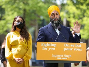 New Democratic Party Leader Jagmeet Singh speaks in Montreal after the federal election call on Aug. 15, 2021.