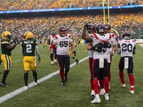 Montreal Alouettes celebrate a touchdown against the Edmonton Elks during second half CFL action in Edmonton, Alta., on Saturday August 14, 2021.