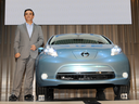 The Nissan Leaf is unveiled in 2009 by Nissan CEO Carlos Ghosn. The early model electric vehicle is now at the forefront of battery replacement issues among owners.