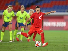 Jessie Fleming of Canada scores their first goal from the penalty spot in the gold-medal final at the Tokyo 2020 games at the International Stadium Yokohama, Yokohama, on August 6, 2021.