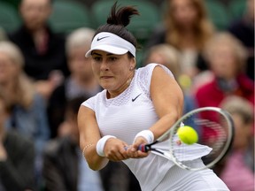 Bianca Andreescu in action during her first round match against France's Alize Cornet at Wimbledon on June 30, 2021, in London. Mississauga native will be defending her National Bank Open that began Saturday with qualifying matches at Jarry Park in Montreal.