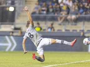 CF Montréal's Djordje Mihailovic scores a goal against the Philadelphia Union in the first half at Subaru Park on Saturday, Aug. 21, 2021,  in Chester, Pa.