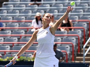 Aug 14, 2021; Montreal, Quebec, Canada; Karolina Pliskova from Czech Republic serves against Aryna Sabalenka from Belarus (not pictured) during the semifinals at Stade IGA.