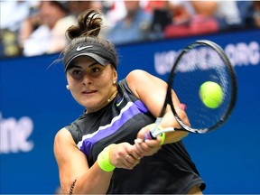 Bianca Andreescu of Canada hits to American Serena Williams in the women's final match on Day 13 of the 2019 U.S. Open tennis tournament at USTA Billie Jean King National Tennis Center on Sept 7, 2019, in Flushing, N.Y.