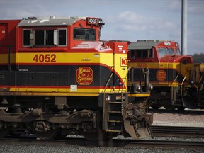Kansas City Southern (KSC) Railway locomotives idle on a fuel pad in Kansas City, Missouri.