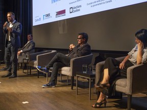 Montreal mayoralty candidates (l-r) Balarama Holness, Marc-Antoine Desjardins, Denis Coderre, and Valérie Plante take part in the Dialogue jeunesse pour la mairie de Montréal, a discussion with youth on the municipal election.