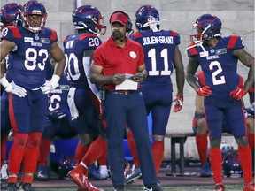 Montreal Alouettes head coach Khari Jones on the sideline during game against the Hamilton Tiger-Cats game in Montreal on Aug. 27, 2021.