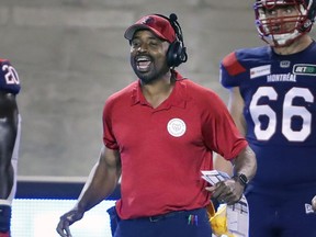 Montreal Alouettes head coach Khari Jones on the sideline during game against the Hamilton Tiger-Cats game in Montreal on Aug. 27, 2021.