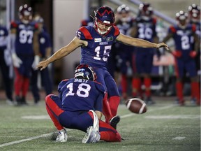 Montreal Alouettes kicker David Côté boots a field goal during game against the Hamilton Tiger Cats in Montreal on Aug. 27, 2021.