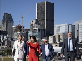 From left: Longueuil Mayor Sylvie Parent, Gatineau Mayor Maxime Pedneaud-Jobin, Montreal Mayor Valérie Plante, Quebec City Mayor Régis Labeaume and Laval Mayor Marc Demers in Montreal on Tuesday, September 7, 2021. They gathered to demand a national strategy for tackling gun violence.