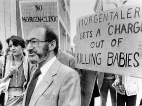 In 1988, the Supreme Court was asked to decide the constitutionality of Section 251 of the Criminal Code, which limited access to abortion. Above: Dr. Henry Morgentaler is confronted by anti-abortion protesters in Winnipeg in 1983.