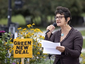 “Half a million people took to the streets of Montreal to denounce climate warming and the inaction of politicians” two years ago, said Nimâ Machouf at a much smaller climate rally in Montreal on Tuesday, Sept. 14, 2021. The NDP candidate is running against Liberal incumbent Steven Guilbeault in the riding of Laurier—Sainte-Marie.