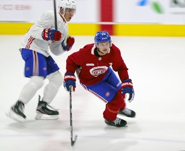 Mattias Norlinder, right, cuts in front of Gianni Fairbrother during first day of Montreal Canadiens' rookie camp at the Bell Sports Complex in Brossard on Thursday, Sept. 16, 2021.