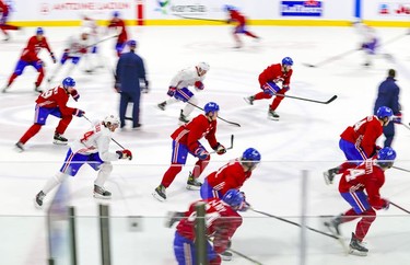 Players take a fast lap during first day of Montreal Canadiens' rookie camp at the Bell Sports Complex in Brossard on Thursday, Sept. 16, 2021.