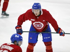 Defenceman Kaiden Guhle waits his turn during drills on first day of Montreal Canadiens' rookie camp at the Bell Sports Complex in Brossard on Sept. 16, 2021.