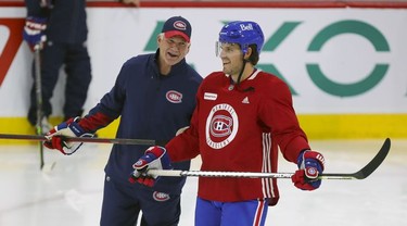 Montreal Canadiens head of player development Rob Ramage speaks with defenceman Ben Chiarot prior to first day of rookie camp at the Bell Sports Complex in Brossard on Thursday, Sept. 16, 2021.