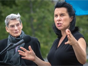 Projet Montréal leader Valérie Plante and architect Phyllis Lambert, left, hold a news conference at Mount Royal on Tuesday September 21, 2021 to say they are in favour of preserving the views of the mountain.