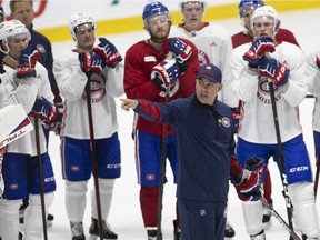 Canadiens head coach Dominique Ducharme speaks to his players during first day of on-ice training camp Thursday in Brossard.