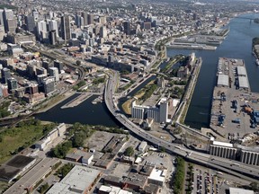 The elevated Bonaventure Expressway and the Bickerdike Pier of the Port of Montreal are seen in an aerial view in Montreal on Thursday July 19, 2018.