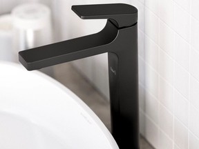 A rounded base merges with a rectangular spout to blend with many styles in an eclectic bathroom. Riobel Ode single-hole faucet, black, $428, HouseofRohl.ca.
