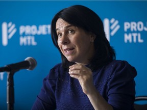 Incumbent mayor Valérie Plante speaks at a press conference to announce her plan for public security in Montreal on Saturday, Sept. 25, 2021.