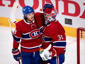 Canadiens defenceman Ben Chiarot congratulates goalie Carey Price after a playoff win over the Jets in June. "We showed as a group here that we have incredible resiliency," Chiarot said about the team's run to the Stanley Cup.