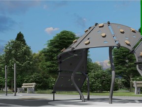 The City of Dollard-des-Ormeaux has begun the installation of new exercise equipment at Centennial Park. This is an example of the type of module that will be installed.