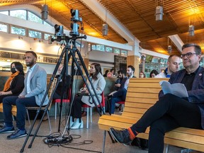 Montreal's three leading mayoral candidates participated in a debate on the theme: "What does Mount Royal's Future Hold?" Seated, left to right, Valérie Plante, Balarama Holness and Denis Coderre at the pavilion at Beaver Lake on Thursday.