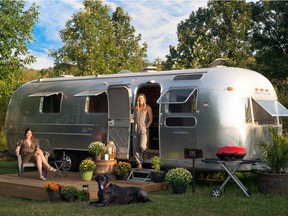 Vintage Hideaway is a cluster of three Airstream trailers, created by Allison Barnes, left, and Jessie Schenk. Odin, a Great Dane-mastiff mix, helped, too.