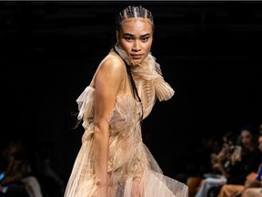 A model walks the runway during the Zamina Scillasdotter show at Hotel At Six during the first day of Stockholm Fashion Week on Aug. 31, 2021, in Stockholm.