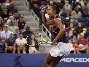 Leylah Fernandez of Laval celebrates a point during a tie break against Angelique Kerber of Germany during her Women's Singles round of 16 match on Day 7 at USTA Billie Jean King National Tennis Center on Sunday, Sept. 5, 2021, in New York City.