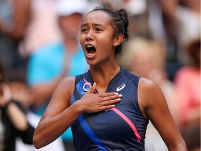 Laval's Leylah Fernandez celebrates after defeating Elina Svitolina of Ukraine during their U.S. Open quarter-final match on Sept. 7, 2021, in Flushing, N.Y.