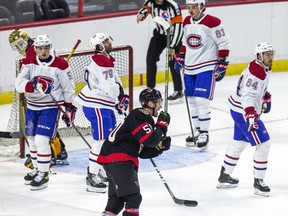Ottawa Senators #50 Maxence Guenette reacts after scoring during the first period of a rookie matchup with the Canadiens on Saturday, Sept. 18, 2021, in Ottawa.