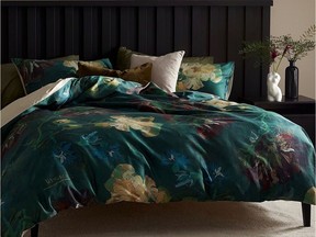 Big prints and dark colours add instant drama to the bedroom. Beddinghousee, Van Gogh Museum Peonies and Blue Delphiniums Duvet Set, $250, Simons