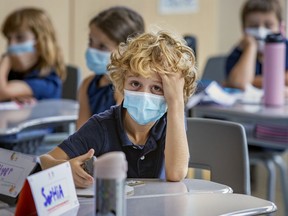 Grade 3 students wear masks in class at a Lester B. Pearson School Board elementary class in the West Island of Montreal Thursday September 9, 2021