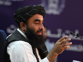 Taliban spokesman Zabihullah Mujahid speaks during a press conference in Kabul on Sept. 6, 2021.