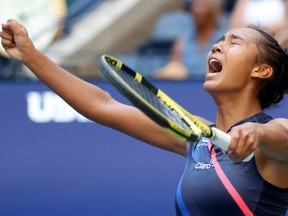 Canadian Leylah Fernandez reacts during her quarter-final win over Elina Svitolina at the U.S. Open on Tuesday, Sept. 7, 2021.