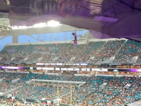 A cat hangs on an upper deck of the Hard Rock Stadium before losing grip, in Miami Gardens, Fla., on Saturday, Sept. 11, 2021, in this still image obtained from social media video.