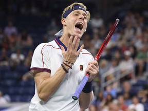Denis Shapovalov of Canada reacts to losing a point against Lloyd Harris during his third-round match at the USTA Billie Jean King National Tennis Center on Sunday, Sept. 4, 2021, in New York.