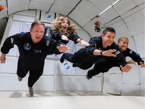 In this July 11, 2021, photo courtesy of Netflix, the Inspiration4 crew Chris Sembroski, left, Hayley Arceneaux, Jared Isaacman and Sian Proctor float in zero gravity during a plane ride. The Inspiration4 mission, which will be the first to send only civilians into space for several days aboard a SpaceX rocket, will be available to watch in "near real time" in a documentary series on Netflix, the streaming platform announced on Aug. 19, 2021.