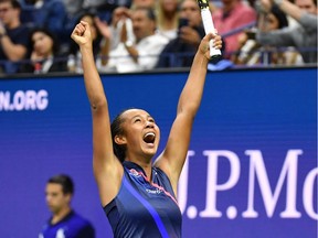 Laval's Leylah Annie Fernandez celebrates after winning her 2021 US Open Tennis tournament women's singles third round match against Japan's Naomi Osaka at the USTA Billie Jean King National Tennis Center in New York on Friday, Sept. 3, 2021.