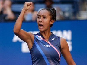 Laval's Leylah Fernandez celebrates a point against Ukraine's Elina Svitolina during their 2021 U.S. Open Tennis tournament women's quarter-finals match at the USTA Billie Jean King National Tennis Center in New York on Tuesday, Sept. 7, 2021.
