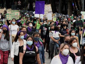 People demonstrate demanding the decriminalization of abortion during the Global Day of Action for Legal and Safe Abortion in Latin America and the Caribbean in Mexico City on Sept. 28, 2021.