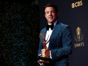Actor Jason Sudeikis poses with the award for outsanding lead actor in comedy series, for Ted Lasso, at the 73rd Primetime Emmy Awards in Los Angele on Sunday, Sept. 19, 2021.