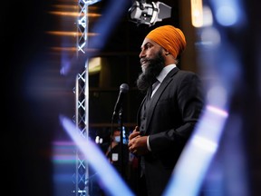 New Democratic Party (NDP) leader Jagmeet Singh speaks during a news conference after the last of three two-hour debates ahead of the September 20 election, at the Canadian Museum of History in Gatineau, Quebec, Canada September 9, 2021. REUTERS/Blair Gable